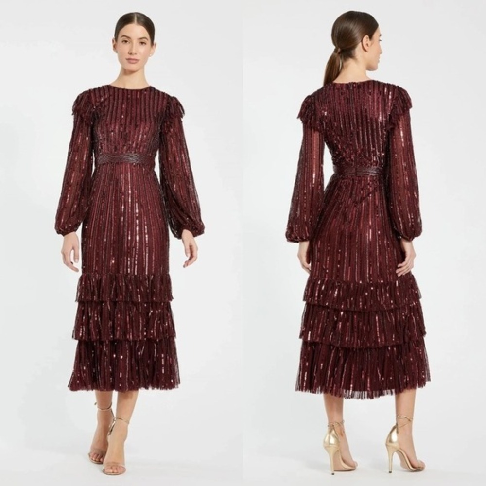 NWT‎ Mac Duggal Red Long Sleeve Ruffle Detail Sequin Dress $698 - Size 10